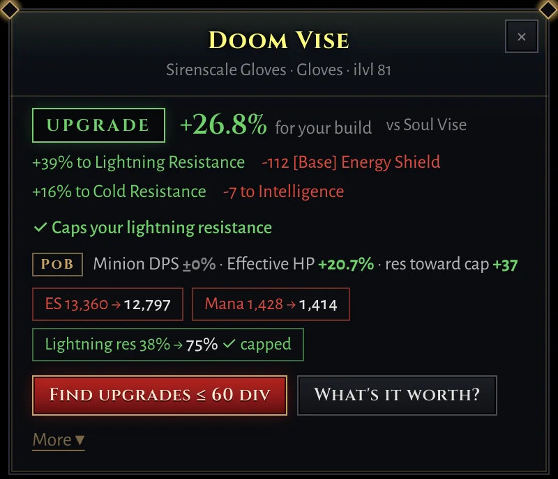 The popup: an UPGRADE verdict with the change to minion DPS, effective HP and resistances